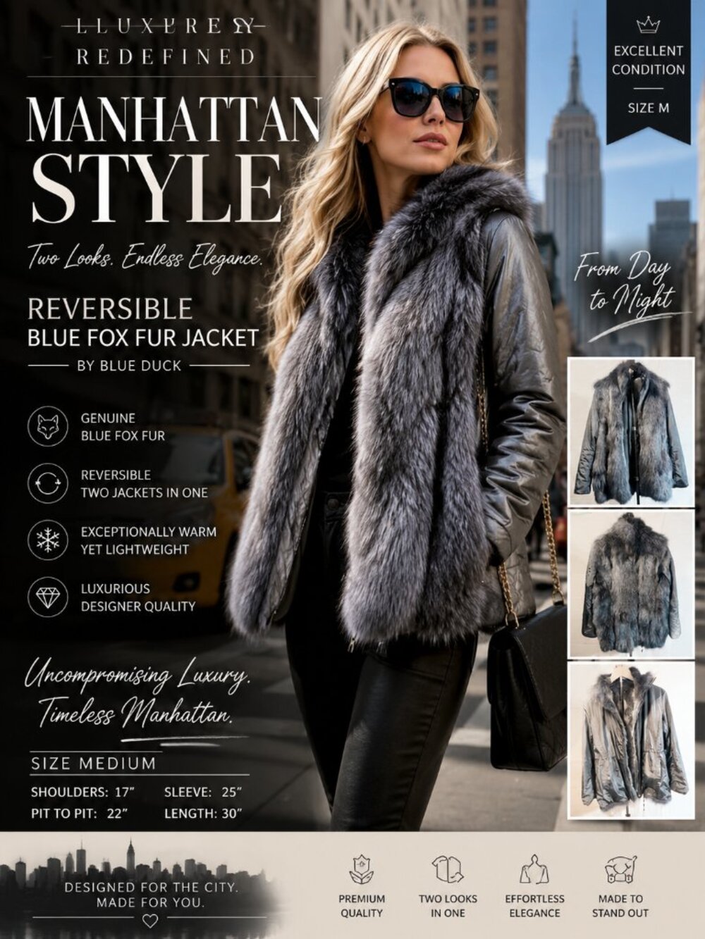 Blue Duck Reversible Fox Fur Jacket Night Blue  Women's Size M Excellent